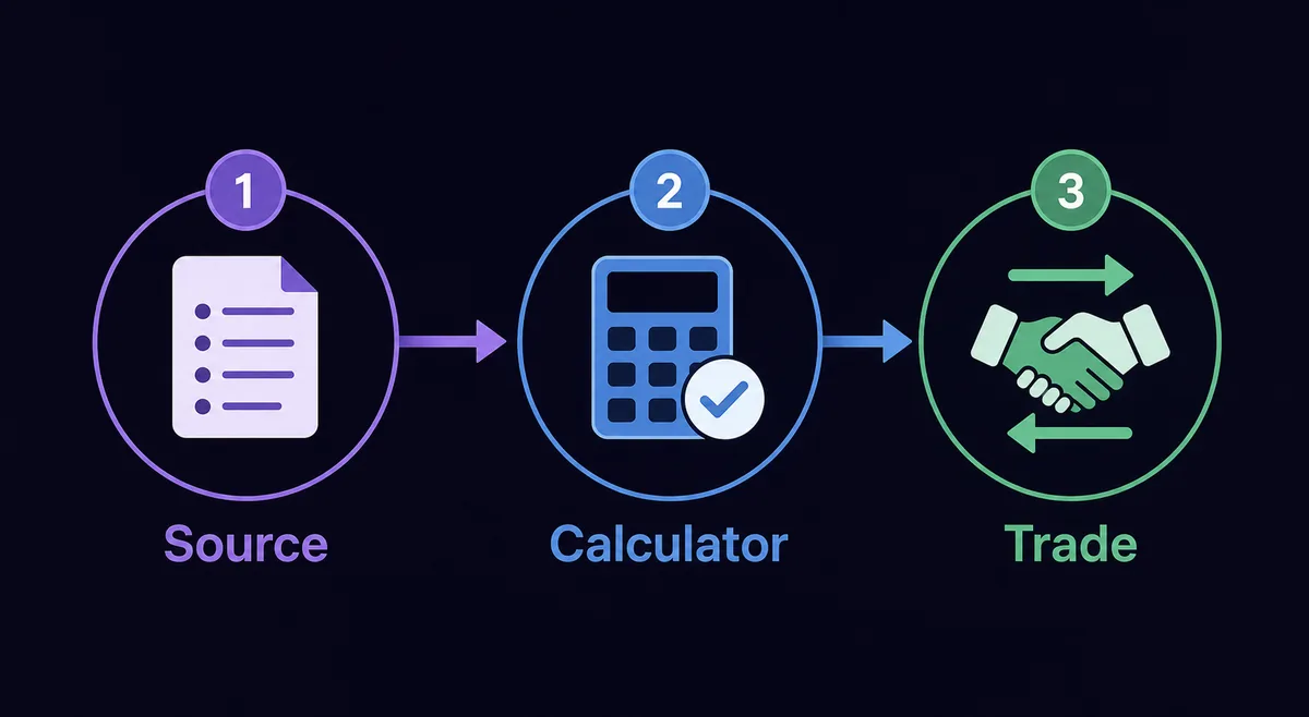 Editorial flow showing source, calculator, and trade review steps for Base44 FTF Values