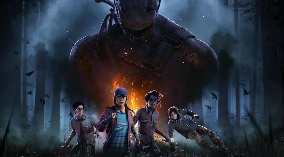 Official Dead by Daylight key art with one Killer behind four Survivors