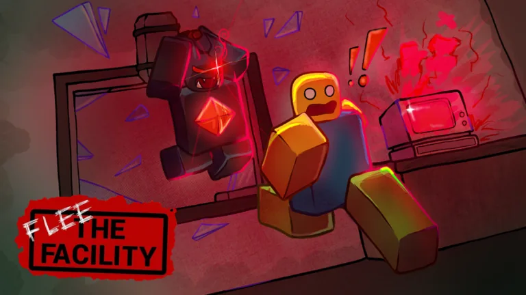 Official Flee the Facility artwork showing a Beast with a hammer chasing a Survivor near a computer
