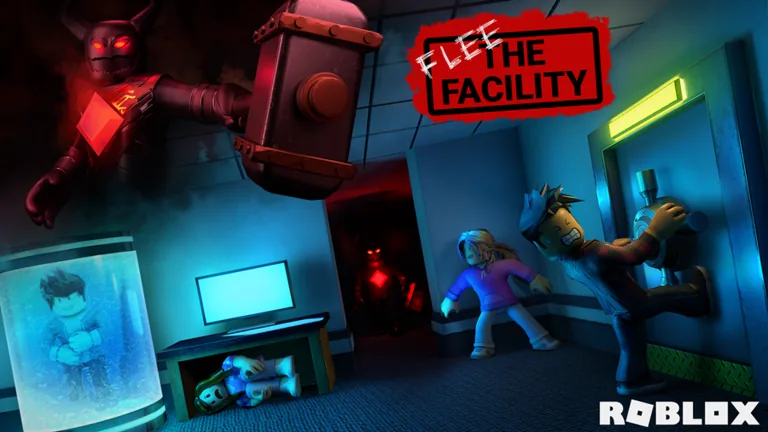 Official Flee the Facility key art showing the Beast chasing Roblox Survivors near a freeze pod and exit