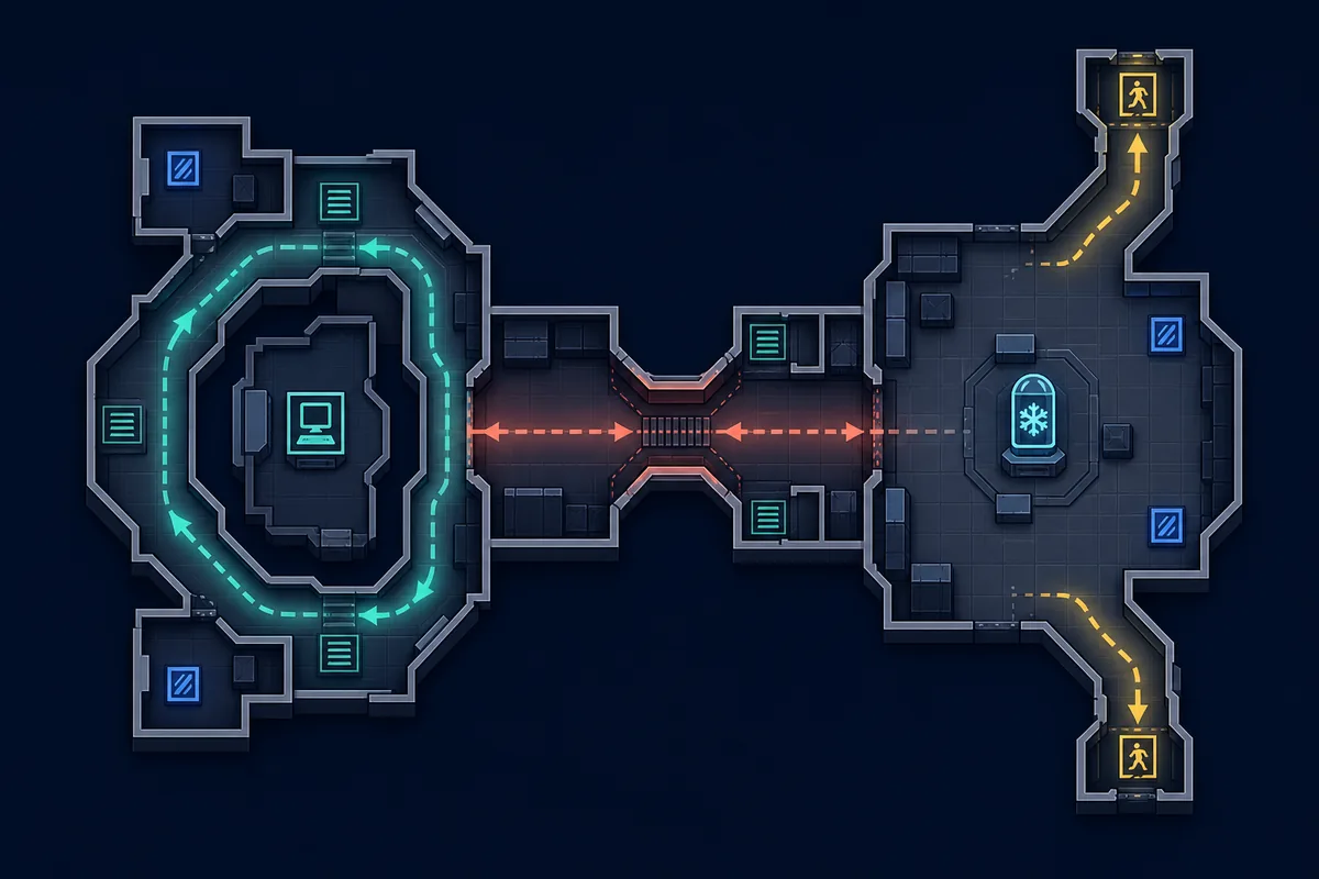 Conceptual Flee the Facility map layout showing loops, a chokepoint, objectives, and exit routes