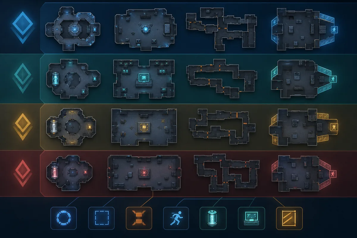 Editorial comparison diagram of conceptual Flee the Facility map tiers