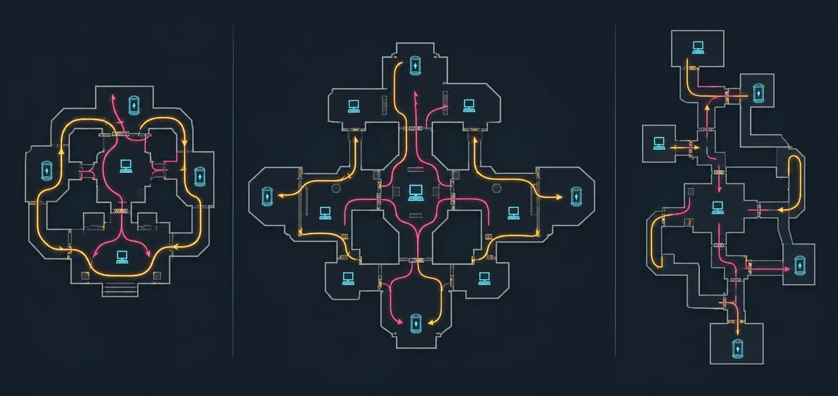 Editorial comparison diagram of compact, wide, and corridor-heavy Flee the Facility layouts