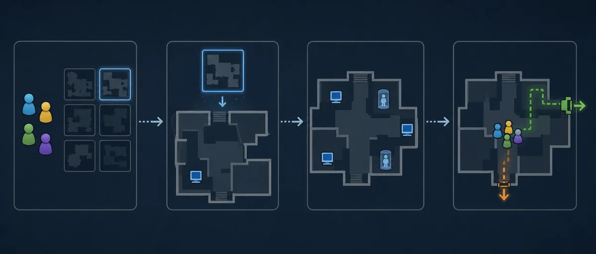 Editorial flow diagram showing map rotation, objective checks, and escape planning