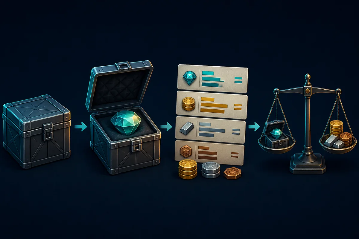 Editorial flow from a Flee the Facility crate to an identified item, a value reference, and a trade check