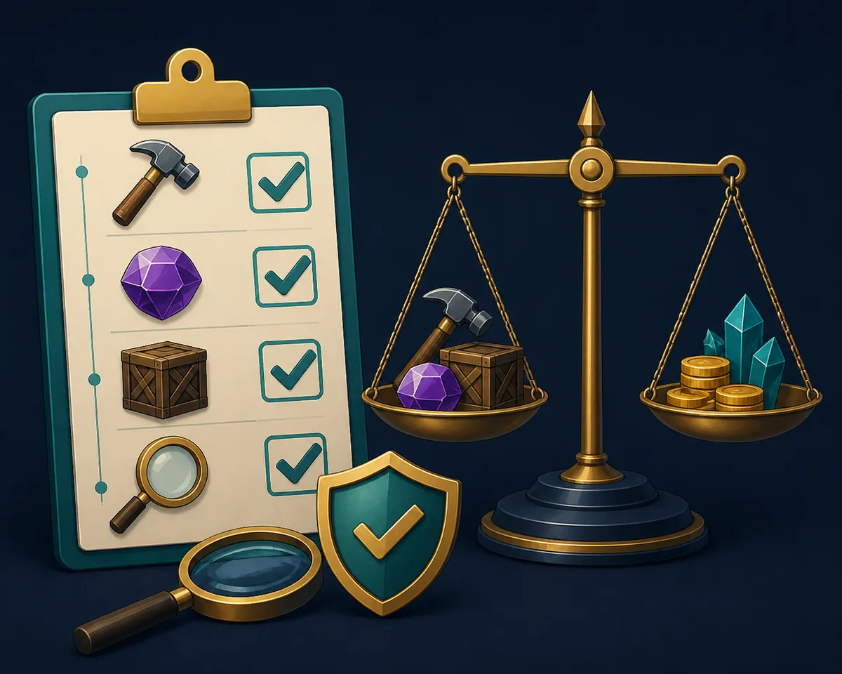 Editorial checklist showing item identification, value lookup, crate context, and safe trade review