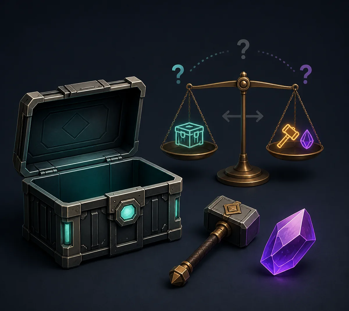 Editorial illustration separating a Flee the Facility crate from the hammer and gemstone trade values inside it