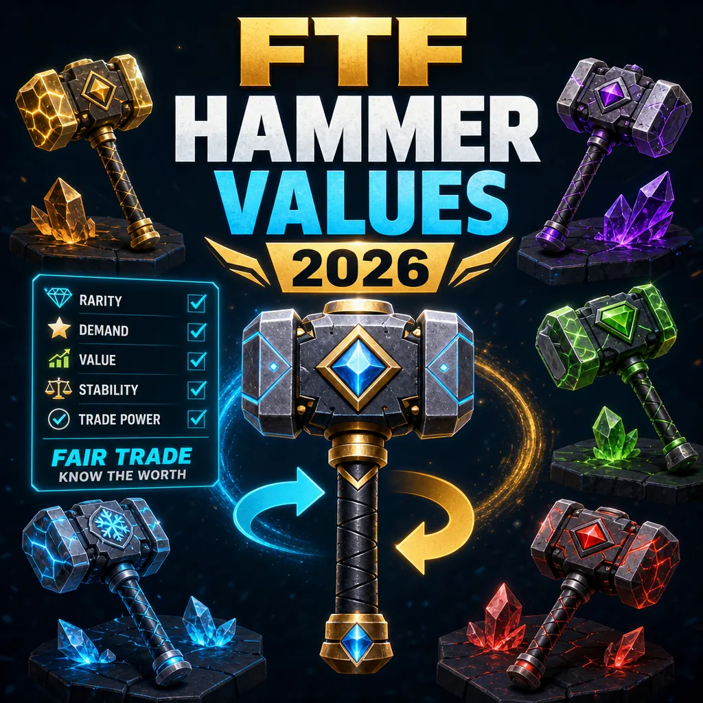 FTF Hammer Values 2026 guide showing collectible hammers, trade arrows, and value checklist