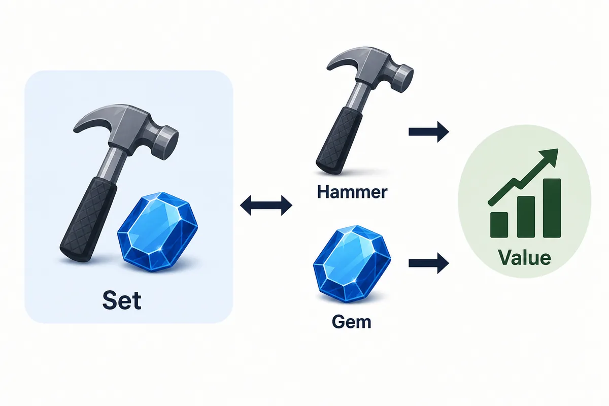 FTF set values guide showing a hammer and gemstone pair compared with separate value pieces