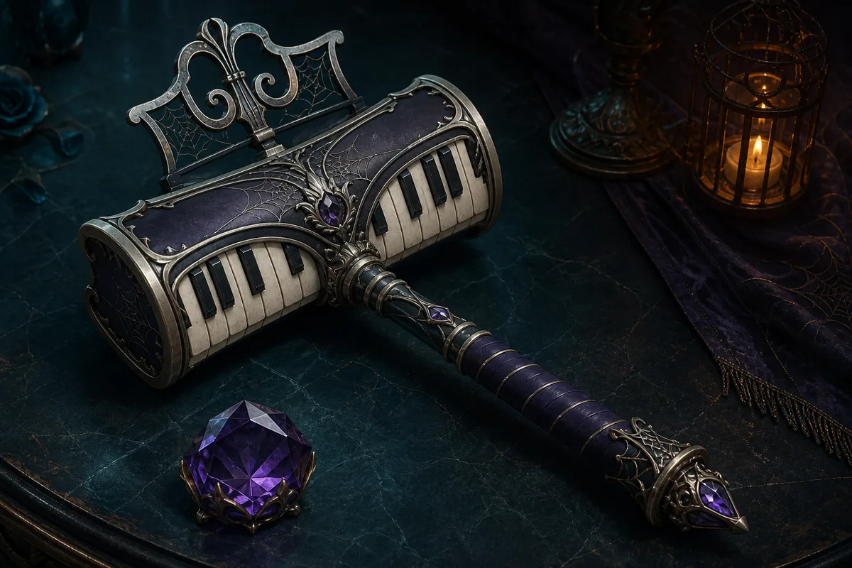 Illustrative piano-themed Flee the Facility hammer concept with matching gemstone