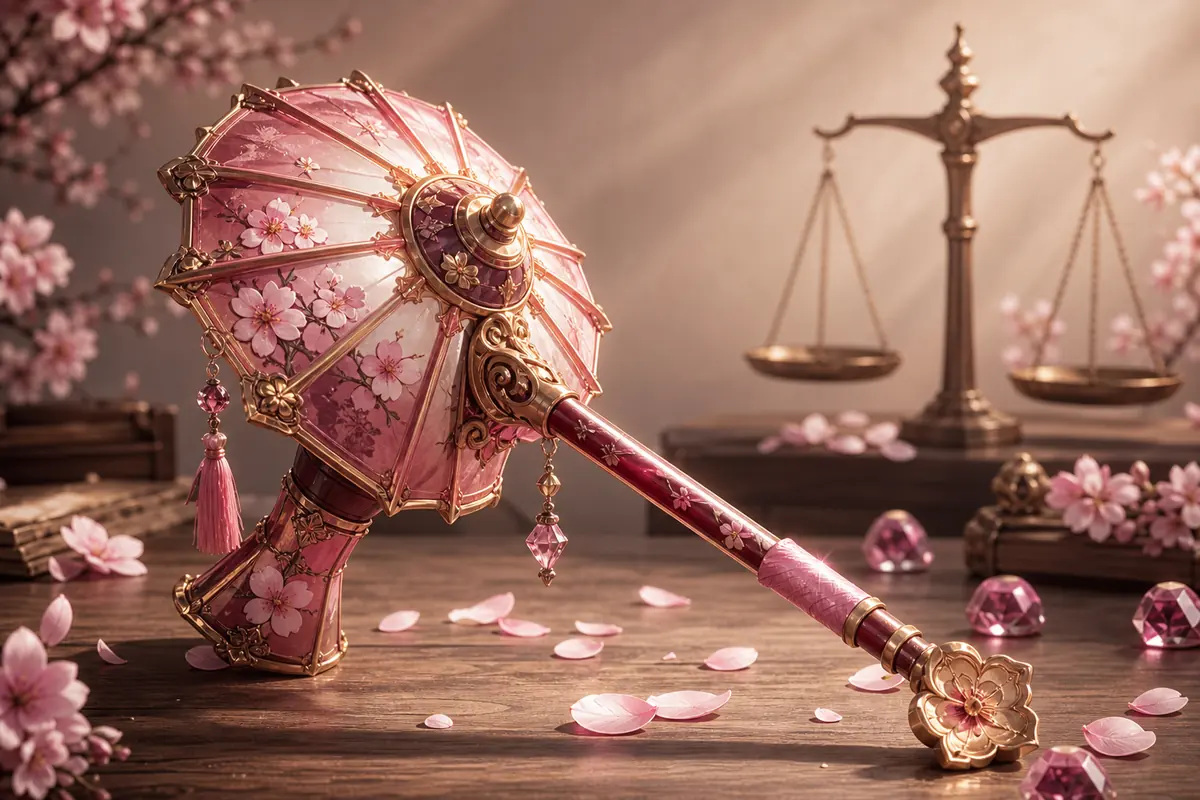 Editorial illustration of a cherry-blossom parasol hammer beside a trade balance