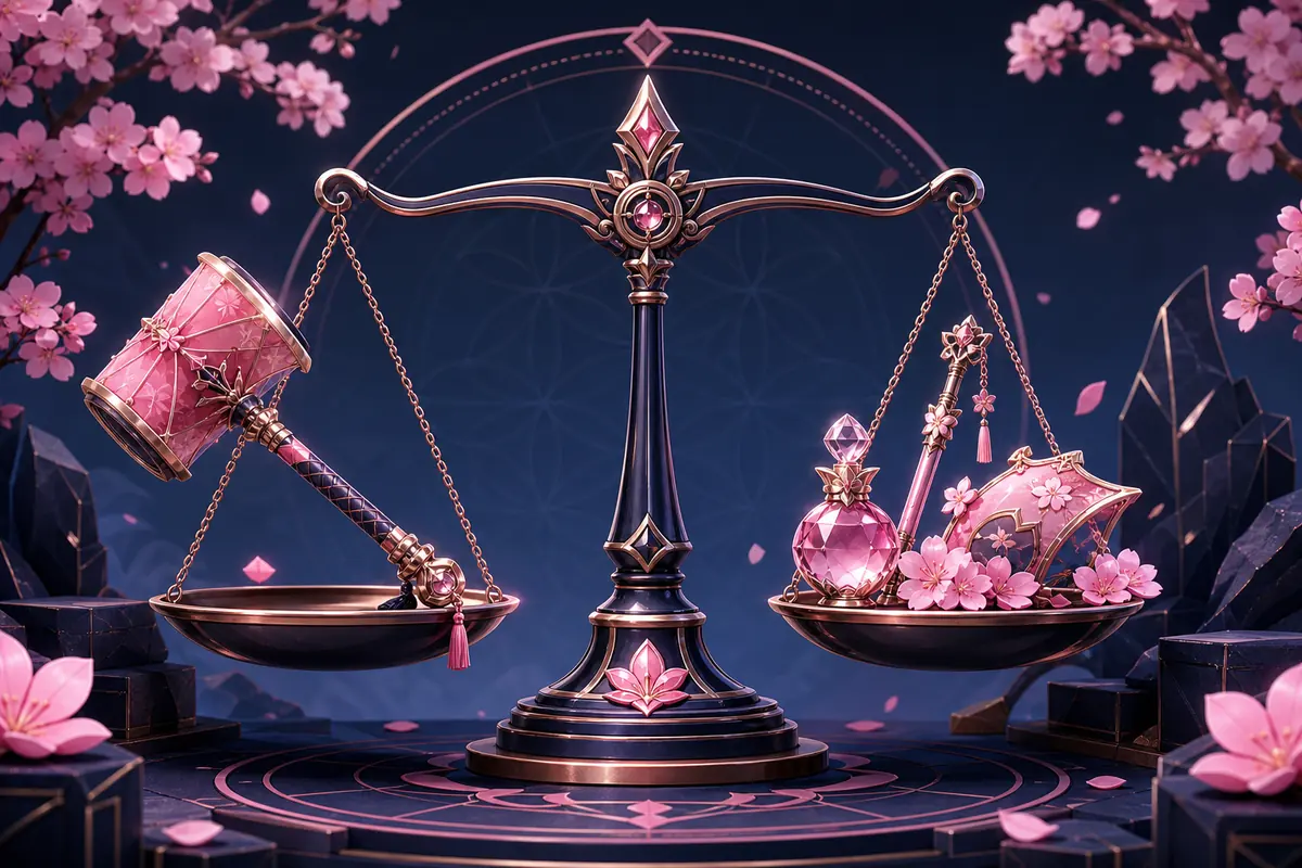 Editorial balance scale comparing a Sakura parasol hammer with its matching gemstone set
