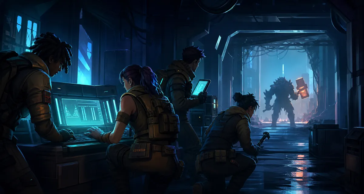 Editorial illustration of Flee the Facility survivors working in a dark Roblox-style facility