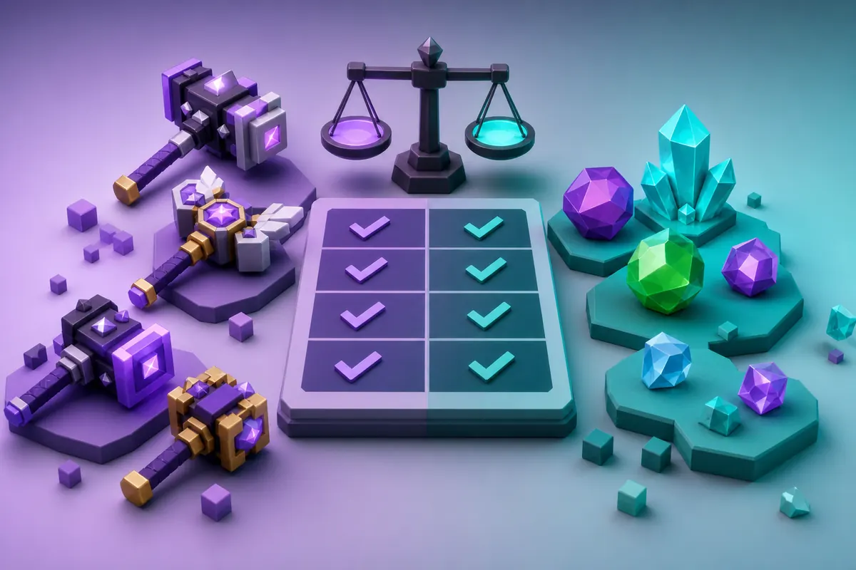 Editorial illustration of Flee the Facility hammers and gemstones being compared for trade value