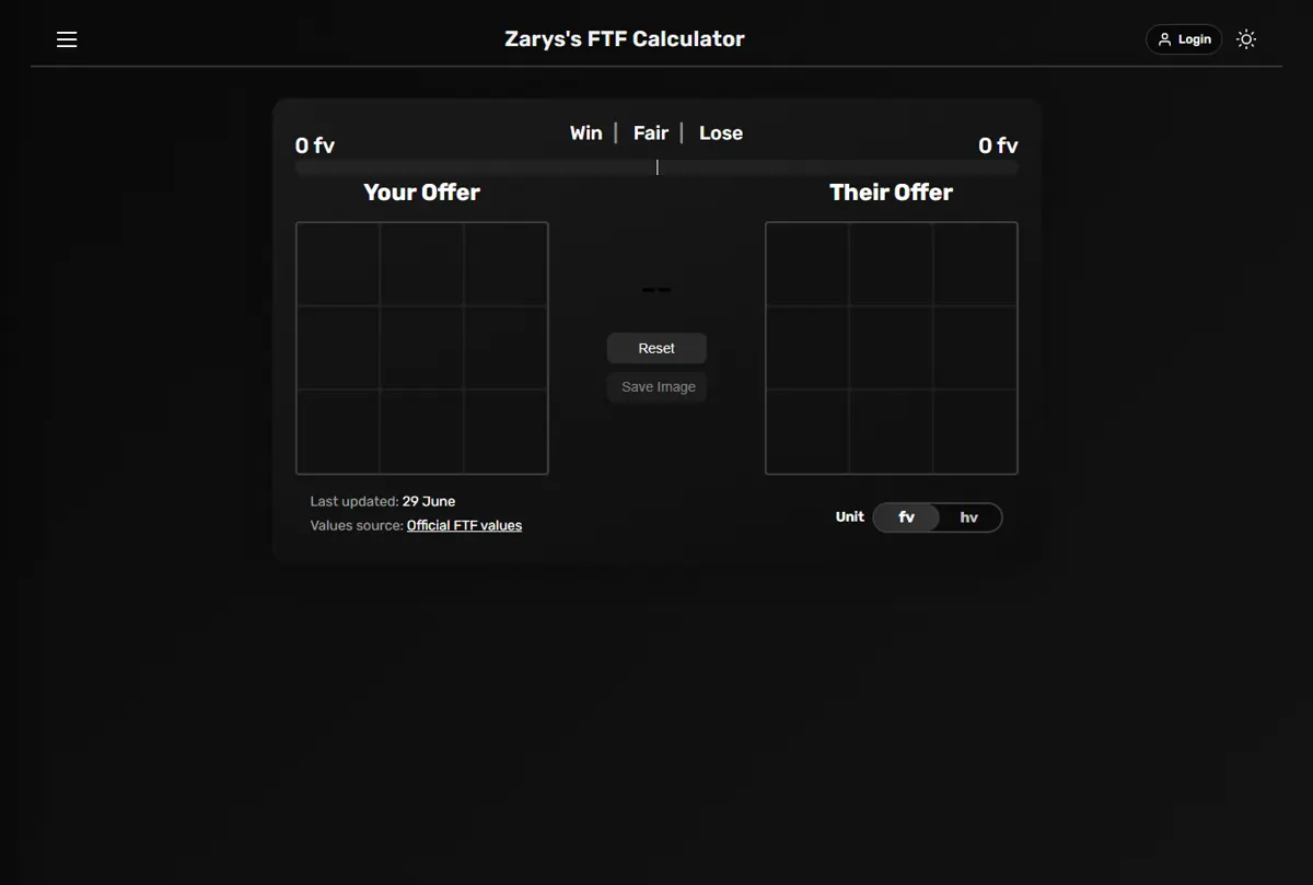 Screenshot of the public Zarys FTF calculator interface for Flee the Facility trade checks